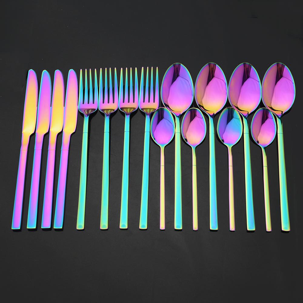 16Pcs Rainbow Dinnerware Stainless Steel Cutlery Set Western Knife Fork Spoon Dinner Flatware Set Kitchen Silverware Tableware