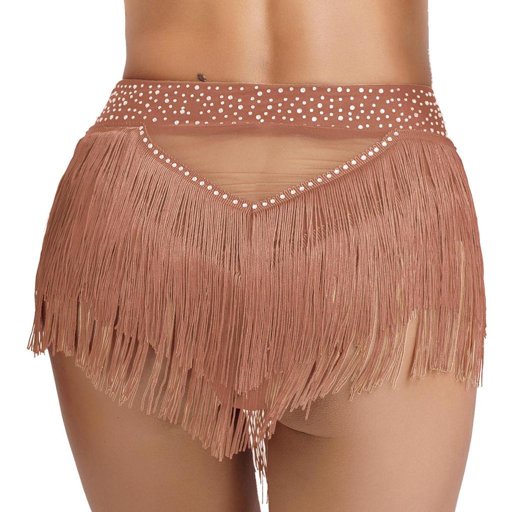 Rhinestone Tassel Belly Dance Shorts for Women Sheer Mesh High Elastic Briefs Underwear for Samba Stage Performance