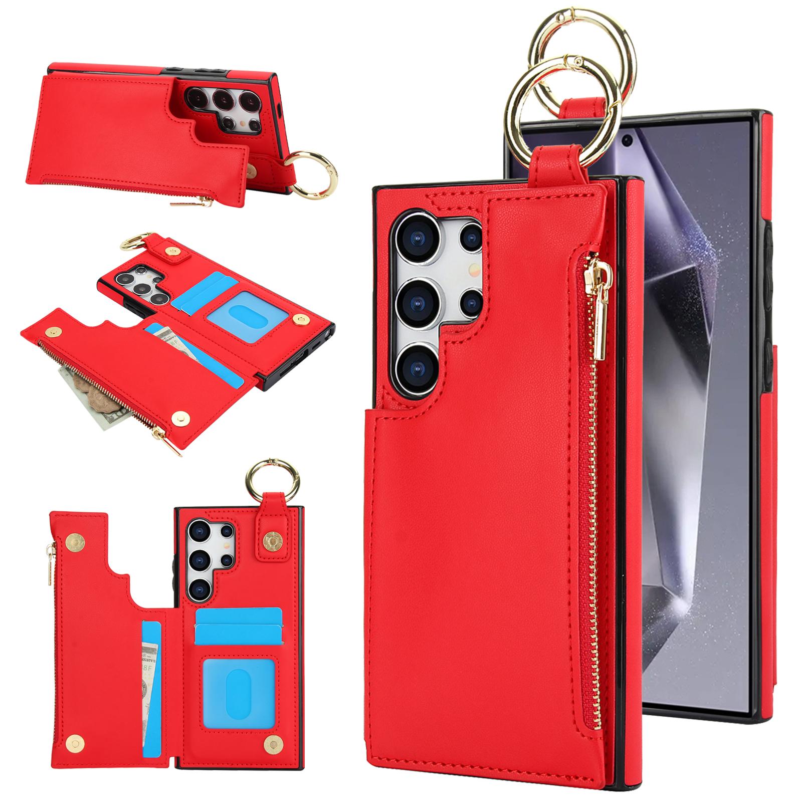 

Ring Holder Zipper Cards Solt Leather Wallet Case For Samsung Galaxy S24 Ultra S23 Plus S22 S21 FE A55 A15 A35 A25 A14 A54 Bag For Samsung A53 красный