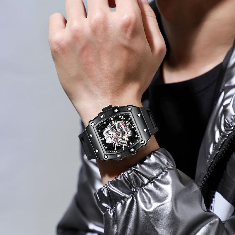 Men'S Watch Casual Fashion Sports Automatic Quartz Luminous Waterproof Wine Barrel-Shaped Silver Dragon