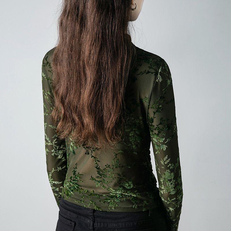New Chinese Style Stand Up Collar Mesh Base Shirt for Women In Spring Irregular and Chic Printed Long Sleeved T-shirt