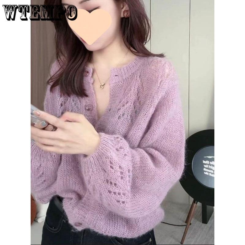 Women's Knitted Cardigan Sweater Coat Spring and Autumn Style Hollow Out Long Sleeve Top
