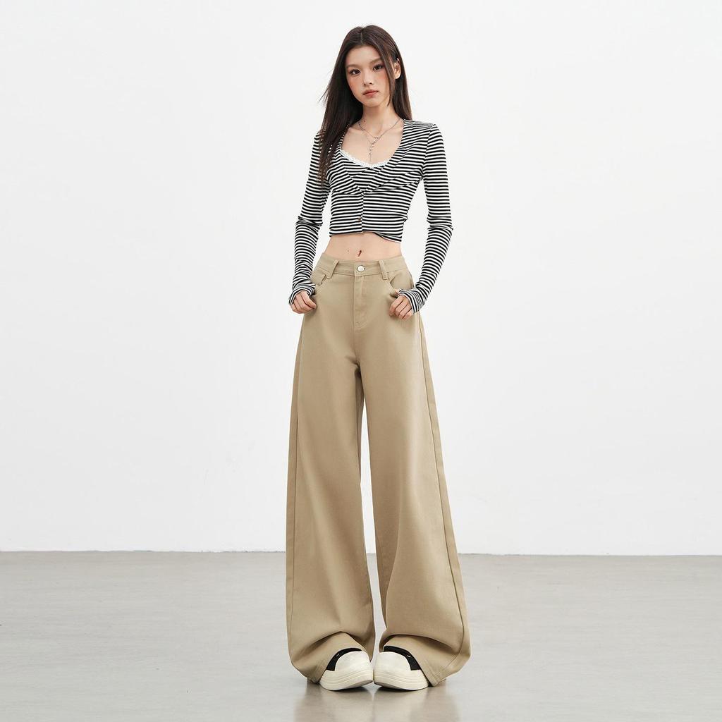 Women's Khaki High Waist Wide Leg Jeans - 2025 Autumn/Winter Collection