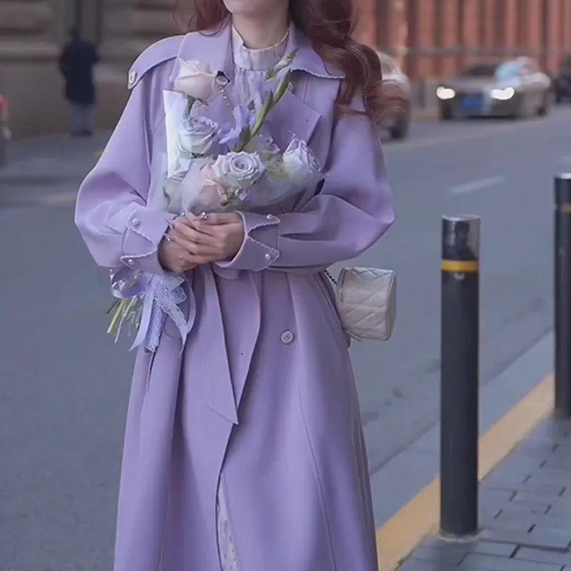 Women's Purple Double-Breasted Trench Coat - Korean Style Spring & Autumn Fashion, Casual Loose Mid-Length Design (2025)