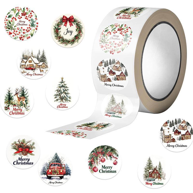 500PCS Christmas Stickers Roll Merry Christmas Stickers Labels Roll 1.5 Inch 10 Designs Round Christmas Tags Christmas Wreath