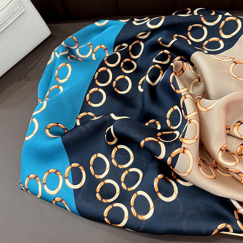 Light luxury metal ring blue large long scarf, high-end sunscreen extended printing silk scarf, imitation silk long silk scarf
