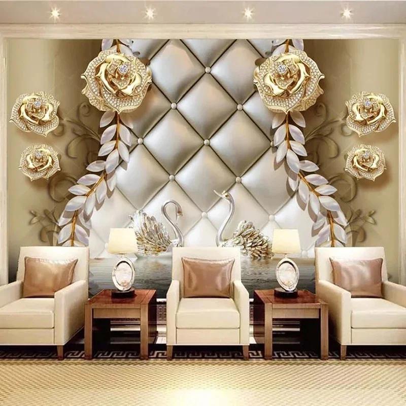 

Any Size Mural Wallpaper 3d Stereo Golden Jewelry Flowers Soft Wall Mural Luxury Home Decor Wall Papers For Walls 200 cm(W) x 140 cm(H)