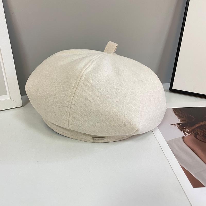 Woolen Hat Autumn and Winter New Style Retro All Match Beret Ins Metal Label Octagonal Hat Warm Bud Painter Hat