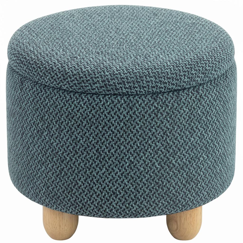 Storage Sitting Bench with Lid, Round Storage Ottoman with Rubberwood Legs, Dark Blue