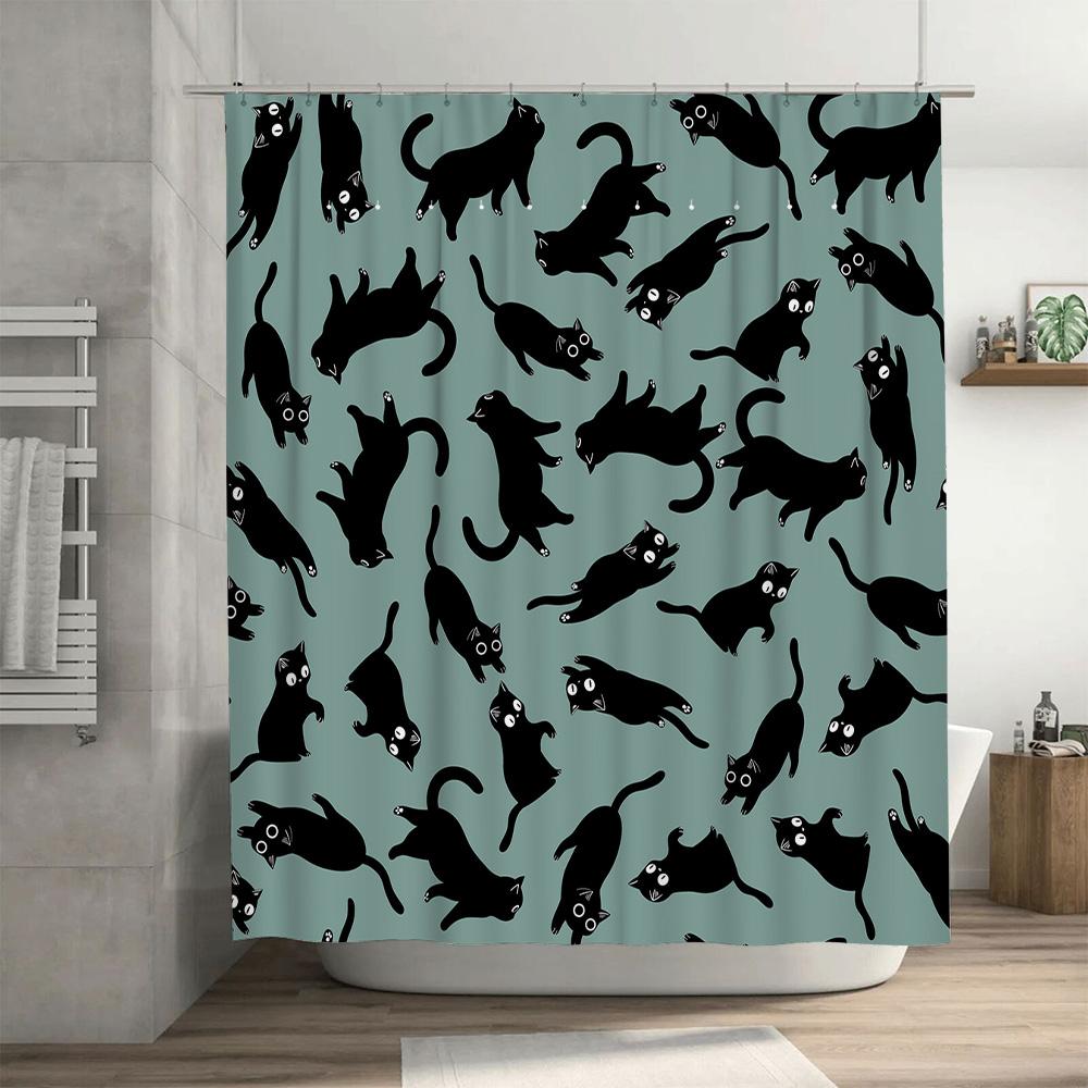 Black Cat Print Shower Curtain Unique Animal Pattern for Bathroom Decor