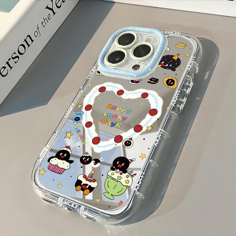 For Apple 15 Mobile Phone Case Mirror Penguin Birthday Party Phone13 for Xiaomi 14pro Cute Creativity for Oppo