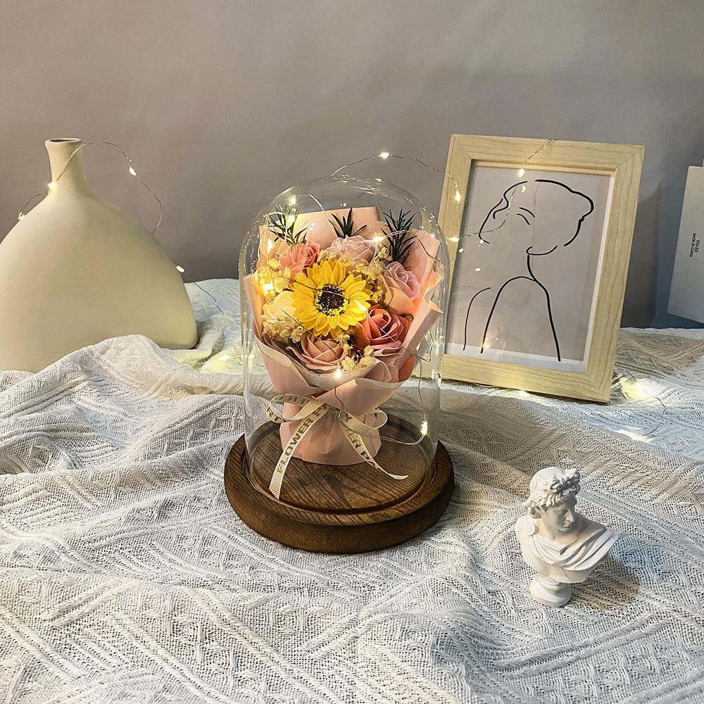 Soap Flower Rose Bouquet Simulation Bouquet Glass Cover Night Light Ornament Valentine's Day Gift