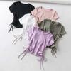 Pure Color Sexy Drawstring Women's Short-sleeved Round Neck Short Slim-fit Hem T-shirt Bottoming Shirt