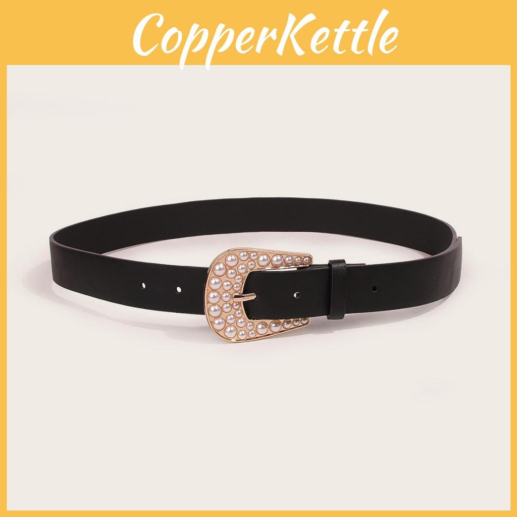 Classic Fashion Casual Leather Belt For Women With Pearl Decor For Spring