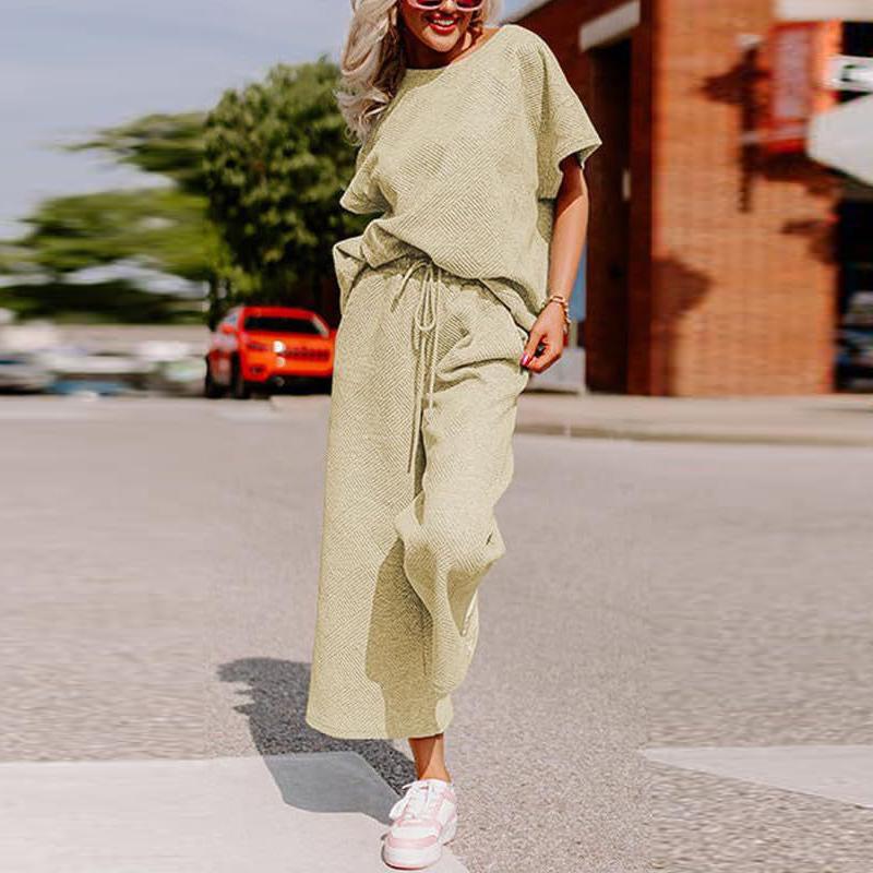 Sets for Women Summer Lounge Sets O-Neck Tops Wide Leg Crop Pants Vacation Travel Outfits