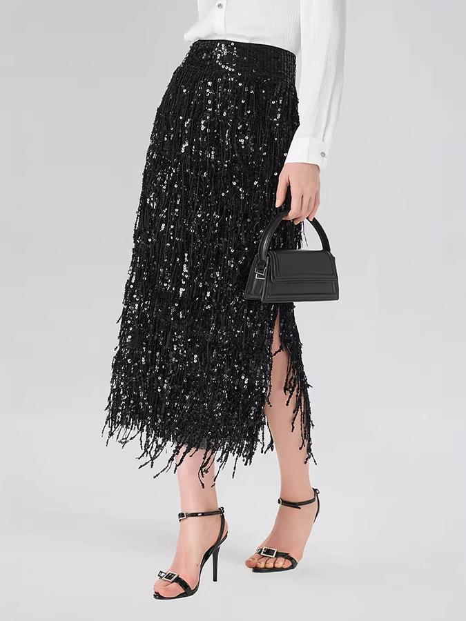 Women's Solid Color Sequin Tassel Long Pencil Skirt with Slit - European & American Fashion