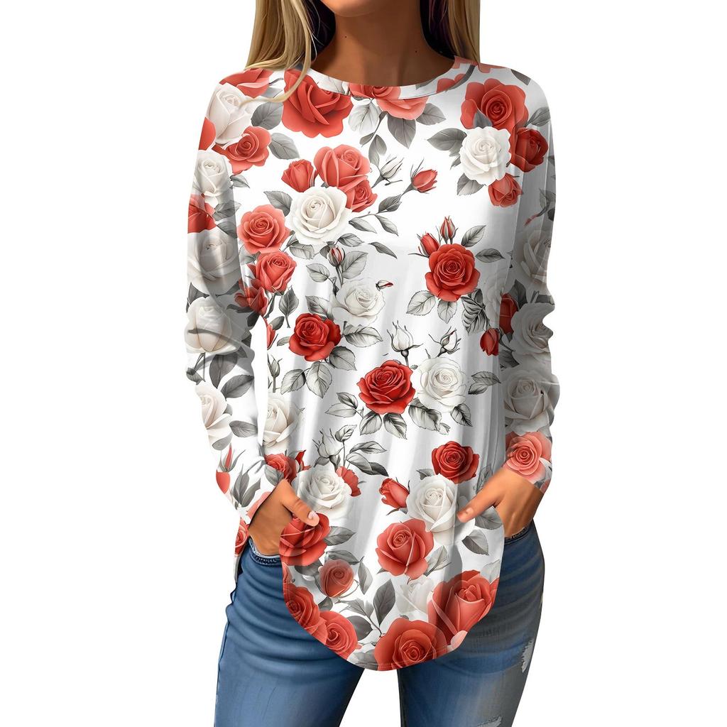 Women's Loose Round Neck Print Long Sleeve T-Shirt Top Pullover