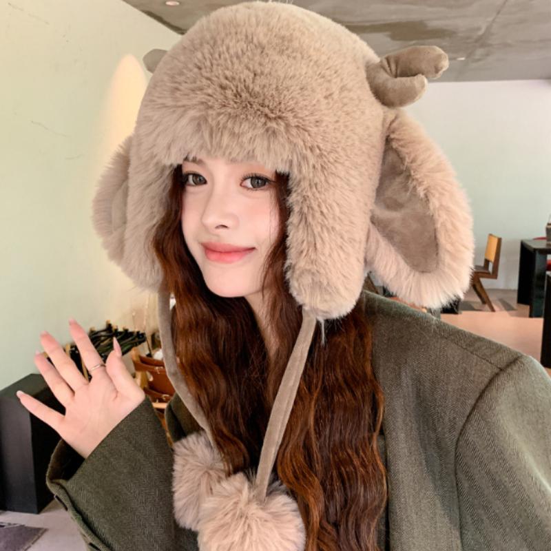 Autumn Women's Antler Plush Thickened Thunderbolt Hat Winter Big Head Circumference Outdoor Cold Fashion Ear Protection Cap