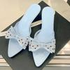 Fashion Elegant Mesh Polka Dot Bow Design Women Slippers Sexy Open Toe Kitten Heel Slide Sandals Fashion Pointed Toe Zapatos De Mujer