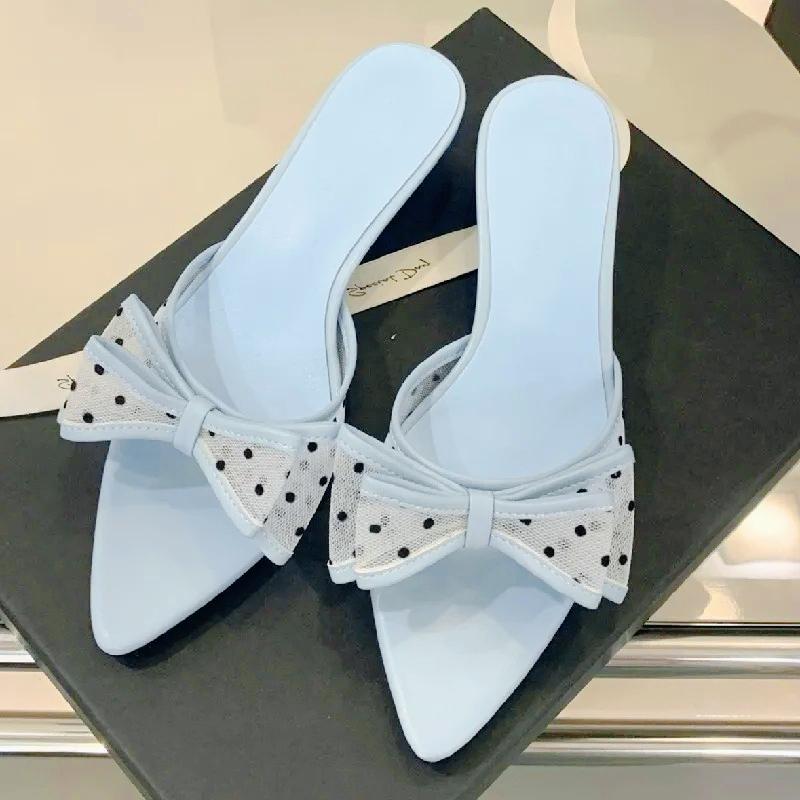 Fashion Elegant Mesh Polka Dot Bow Design Women Slippers Sexy Open Toe Kitten Heel Slide Sandals Fashion Pointed Toe Zapatos De Mujer