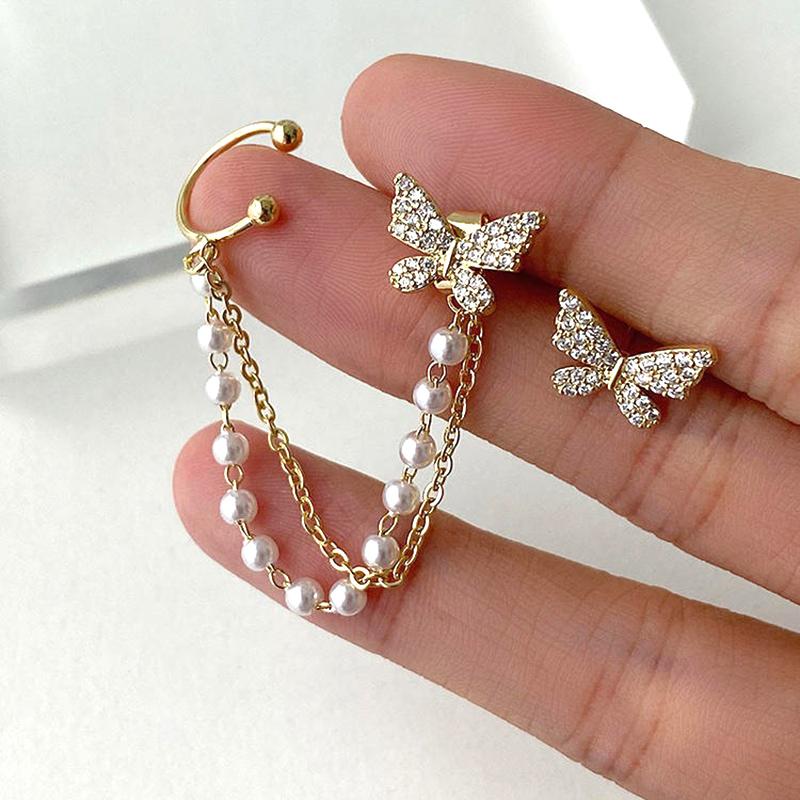 Korean Elegant  Butterfly Stud Earring With Metal Chain For Women Girl