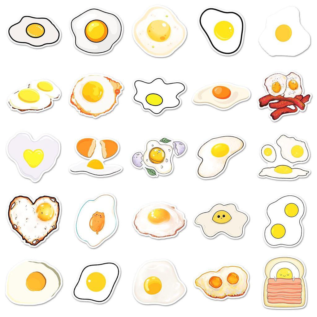 50 Egg Stickers: Cartoon Food Graffiti, Waterproof Fried Egg Decor for Refrigerator, Lunch Box, Diary
