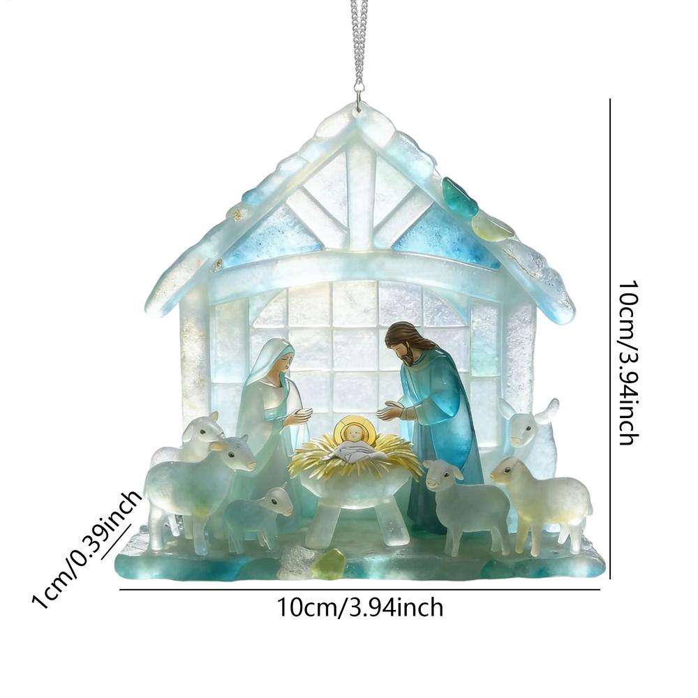

Nativity Christmas Ornaments 2D Sea Glass Holiday Pendant Religious Christmas Ornaments for Winter Celebration Family Gathering синий