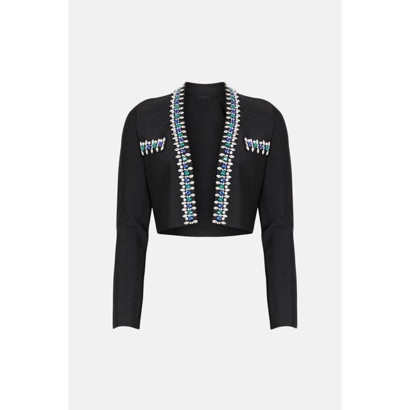 Black Rhinestone Long Sleeve Bandage Top and Short Jacket Evening Dress