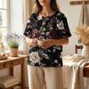 Women’s Floral Print Cotton Linen Short Sleeve Henley Shirt with Chest Pocket Casual Loose Fit Button Neck Top