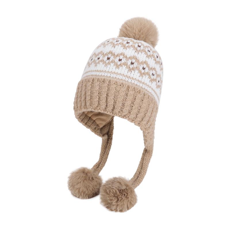 Fur Ball Ear Protection Knitted Hat Women Velvet Warm Wool Hat Big Head Cap