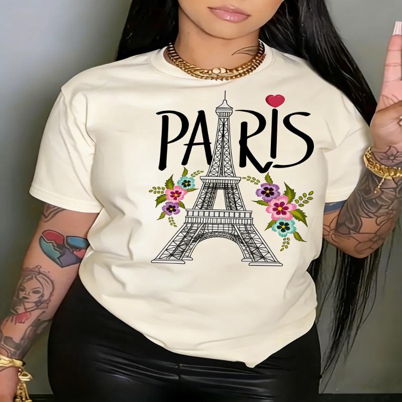 Paris Eiffel Tower Printed Crew Neck Casual TShirt for Summer Spring Women Aesthetic Clothes High Quality Cotton Shortsleev