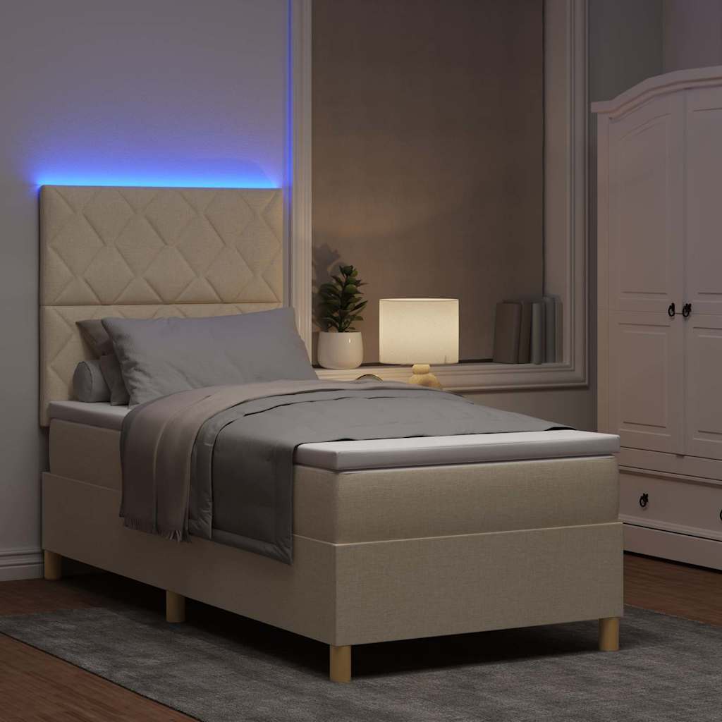 LED Boxspring Bed with Headboard Cream 90 X 190 Cm Fabric