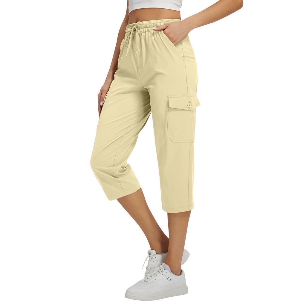 Damen locker sitzende High-Waist Wanderhose mit elastischem Bund, leicht, mit zwei Taschen, lässige Capri-Hose für Outdoor-Aktivitäten
