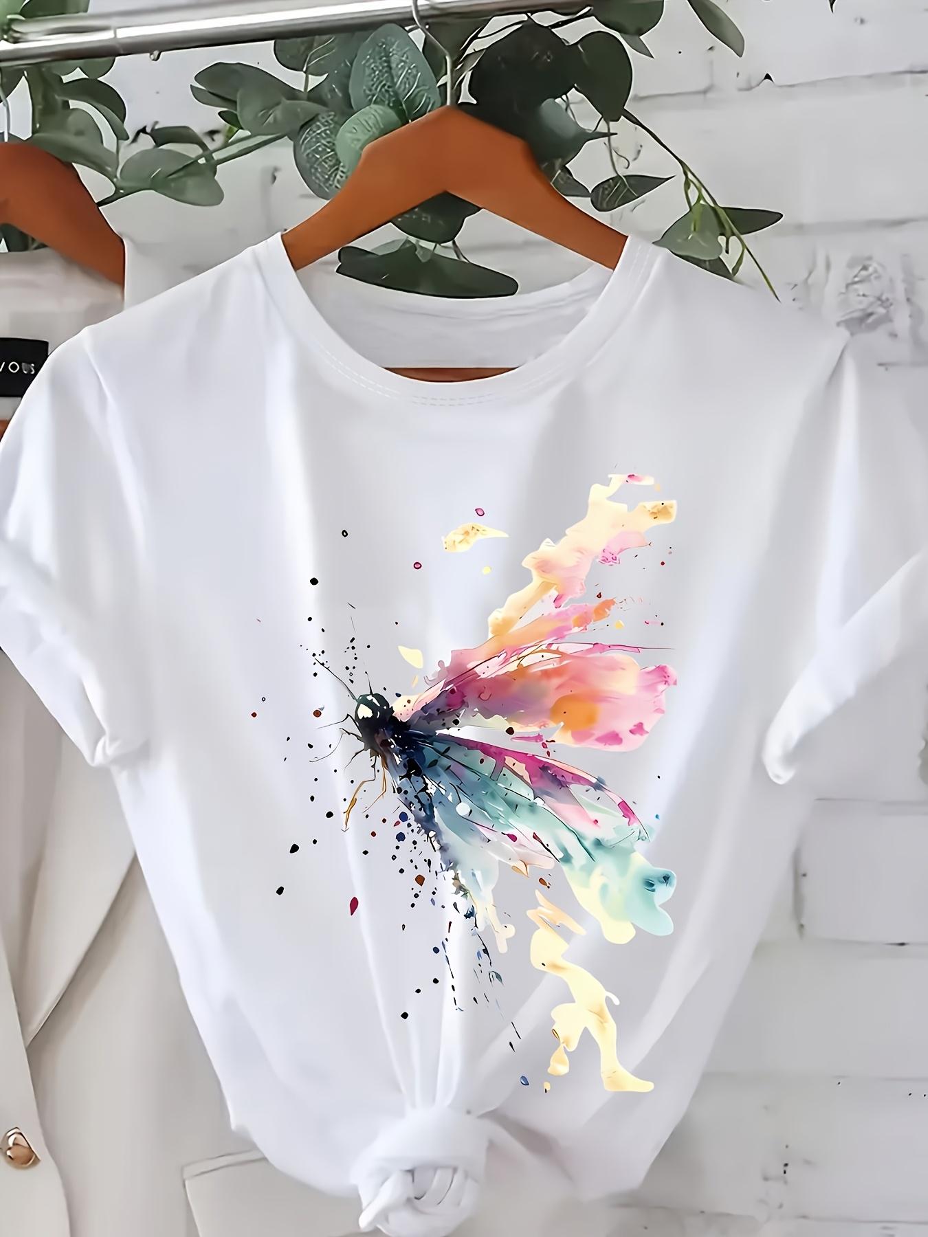 

Women Watercolor Butterfly Print T-Shirt - Soft Short Sleeve Crew Neck Blouse Suitable for Casual Casual Attire. Machine Washable Opaque Top with Sub M дубильна кора