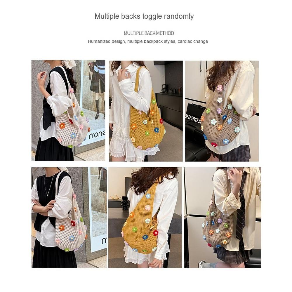Large capacity hollow knitted bag, fashionable and trendy commuting tote bag, yarn knitted vacation beach bag, single shoulder crossbody bag