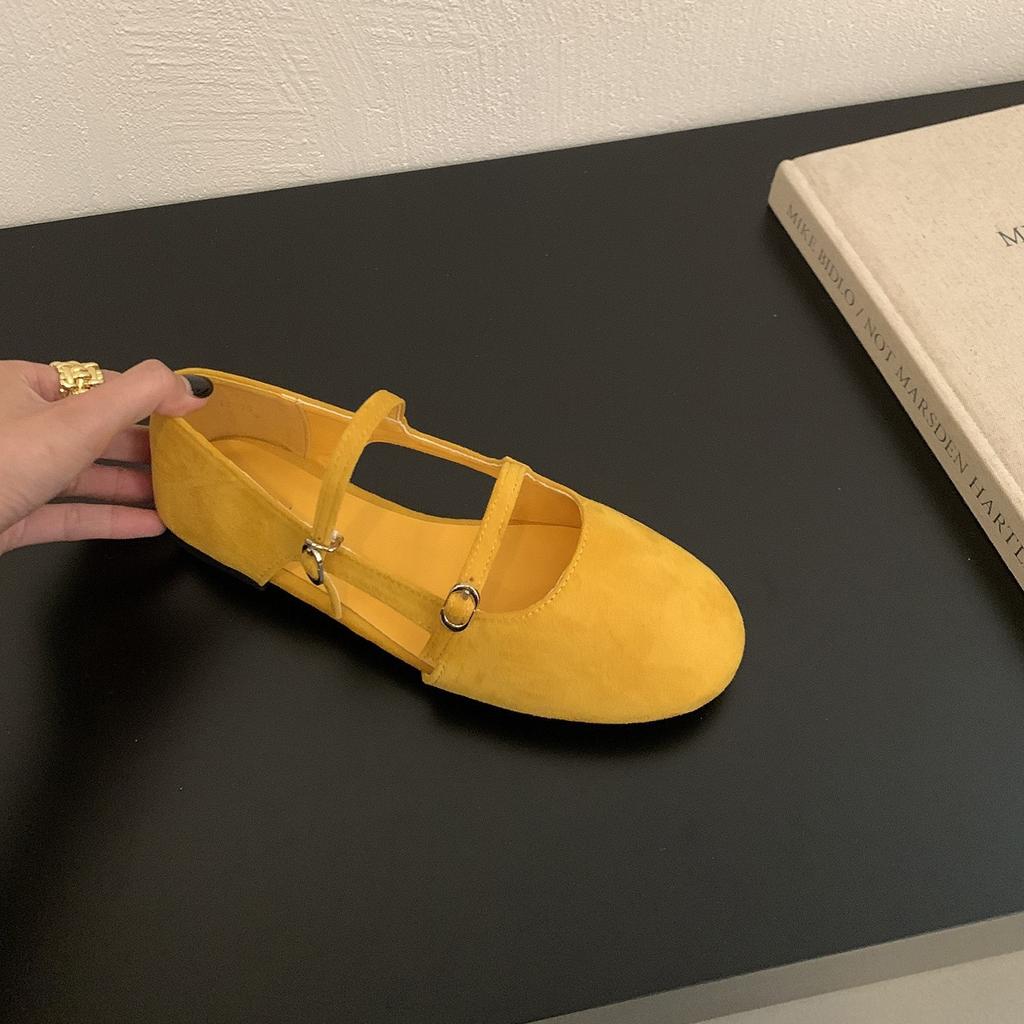 Suede Hollow Mary Jane Shoes Women's One-word Buckle Hollow Flat Soft Sole Ballet Shoes