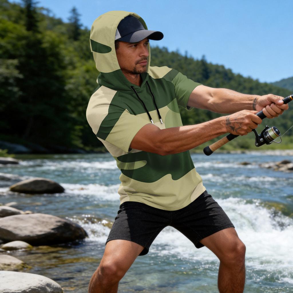 Men's Camouflage Print Raglan Sleeve Casual Sport Fishing Sun Protection Short Sleeve Hoodie Lightweight Breathable Outdoor Shirt