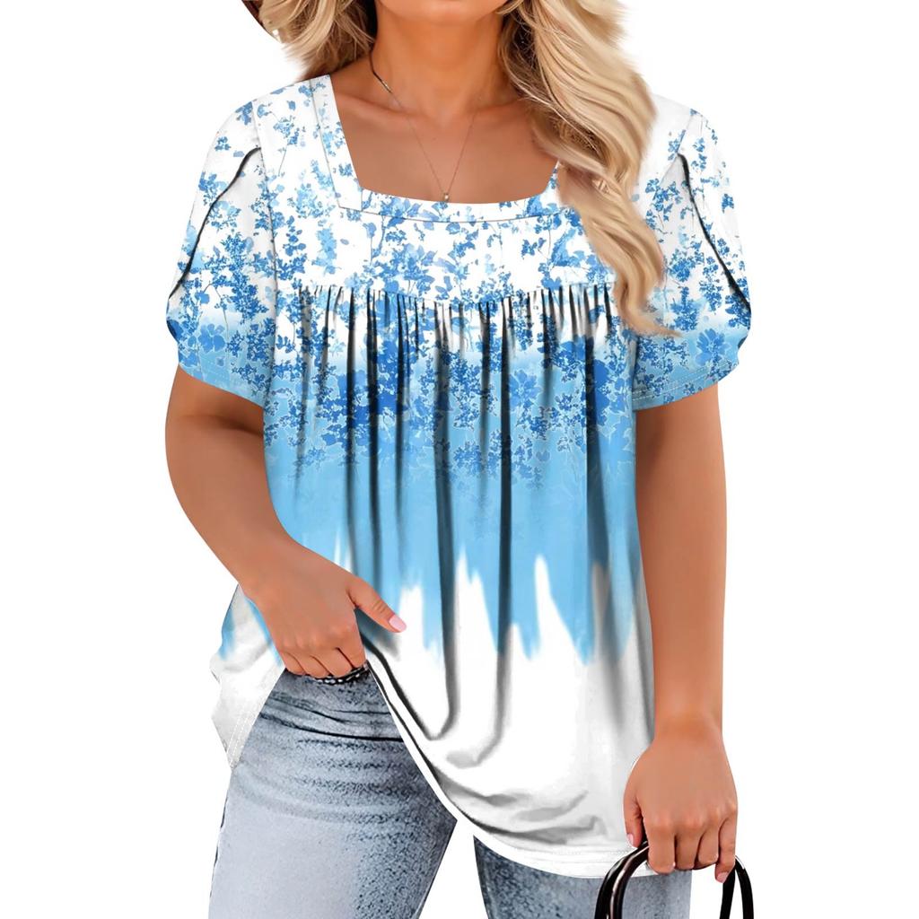Women's Fashion Casual Printed Square Neck Short Sleeve Large Size T-Shirt Top
