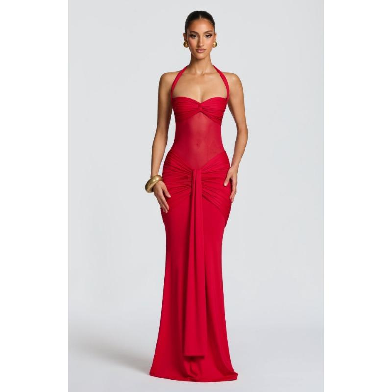 European Style High Waist Solid Color Mesh Fishtail Slim Bodycon Women Sling Long Dress