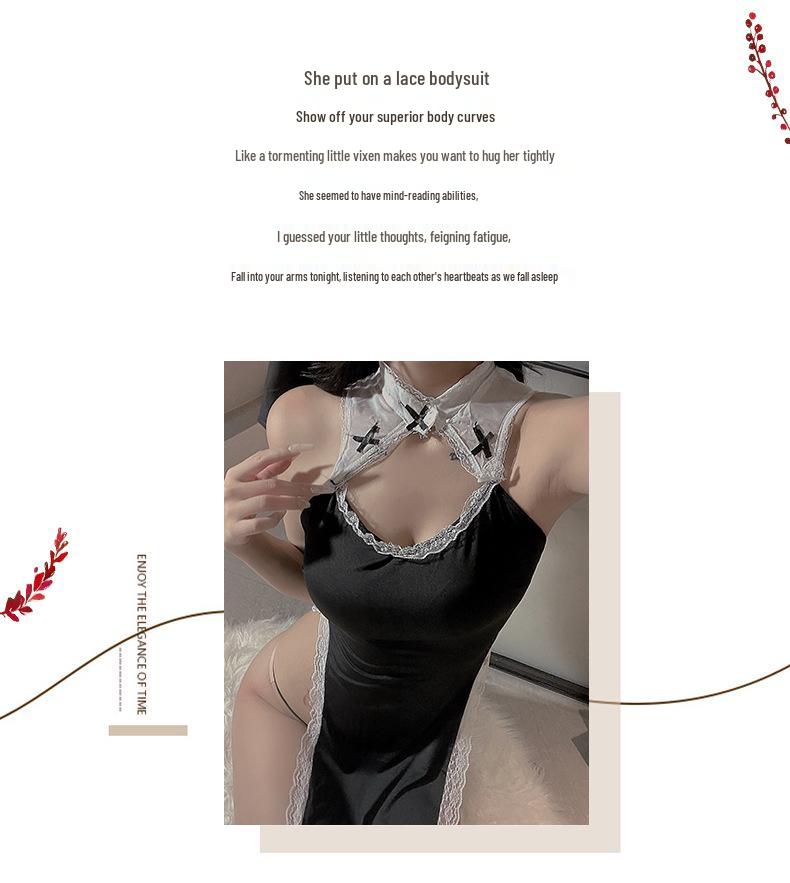 Naughty Nun Role Play Costume: Removable Lingerie Nightgown Set with High Slit and Hollow Design.