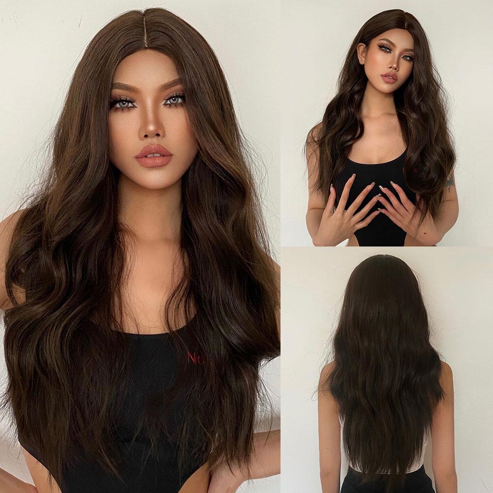 Synthetic Wigs Long Natural Wavy Wig Ombre Brown Golden Highlight Blonde Layered Hair with Side Bangs for Women Heat Resistant
