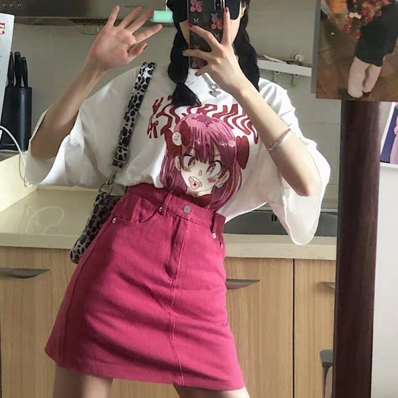 

Women s Retro High-Waist Denim Skirt - Rose Red A-line Hip-Hugging Style Extra Large
