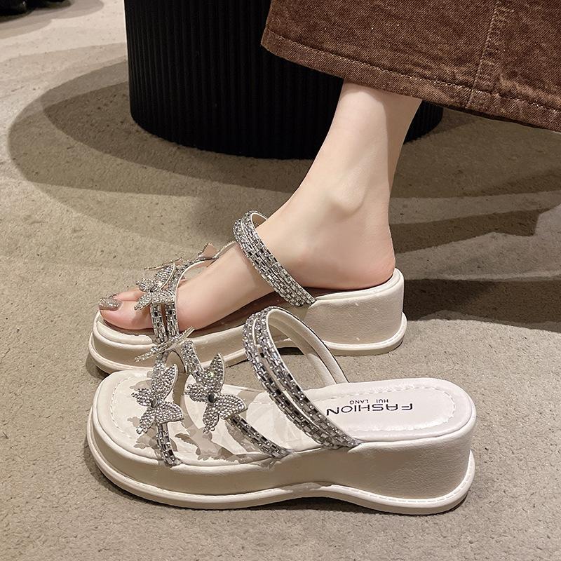 2025 Summer New High-end Slippers Wear Rhinestones Fashion Fairy Style with Skirt Muffin Thick-bottomed Sandals
