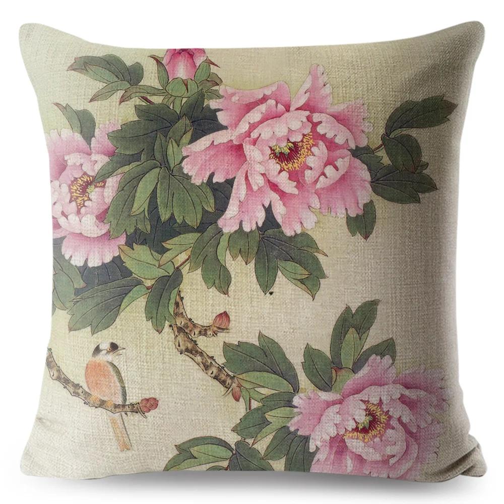 Vintage Flower Pillow Case Decor Blue Painting Flower Bird Pillowcase Polyester Cushion Cover for Sofa Car Home 45x45cm