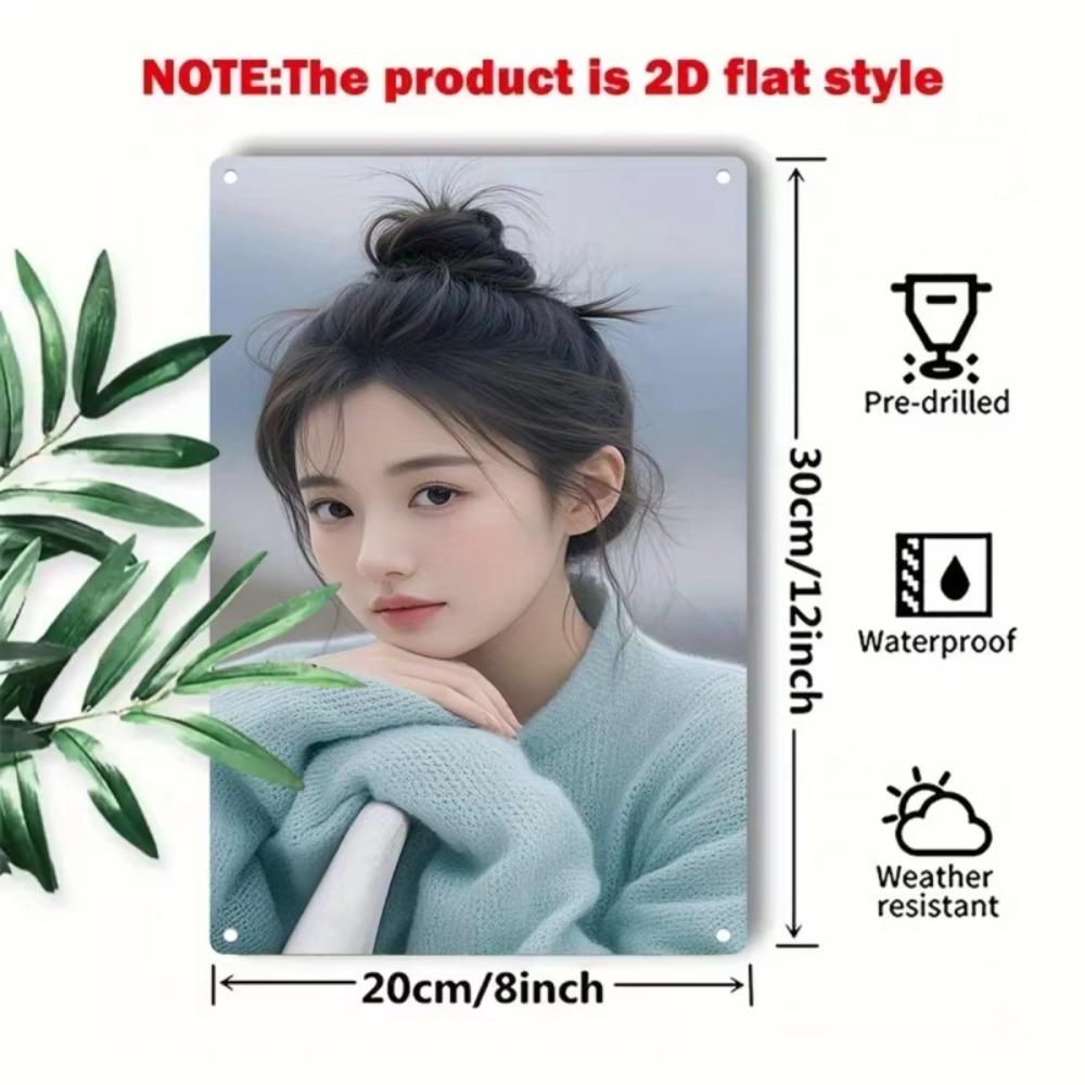 Vintage Metal Wall Art Sign, 2D Flat Metal Sign Plate - Elegant Female Portrait with Expressive Eyes, Du