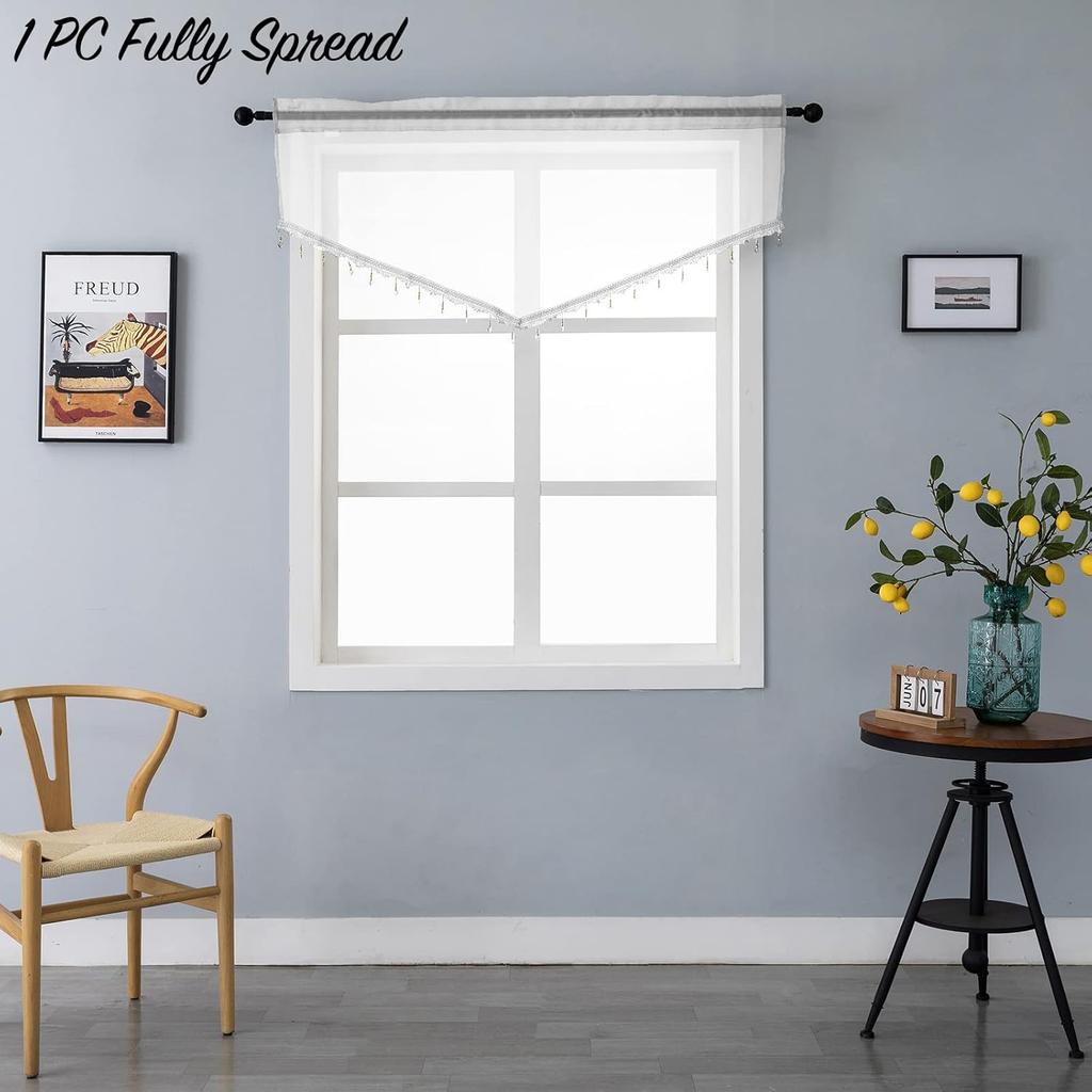 Beaded Triangle Sheer Valance Curta for Living Room,Rod Pocket Farmhouse Window Valance, Bead Trim Tassel Voile Sheer Curtain Valance for Bedroom