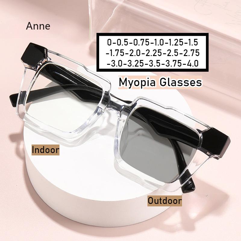 Trendy Color Block Square Myopia Glasses Light Sensitive Photochromic Lenses Anti-Blue Light Prescription Eyeglasses Unisex