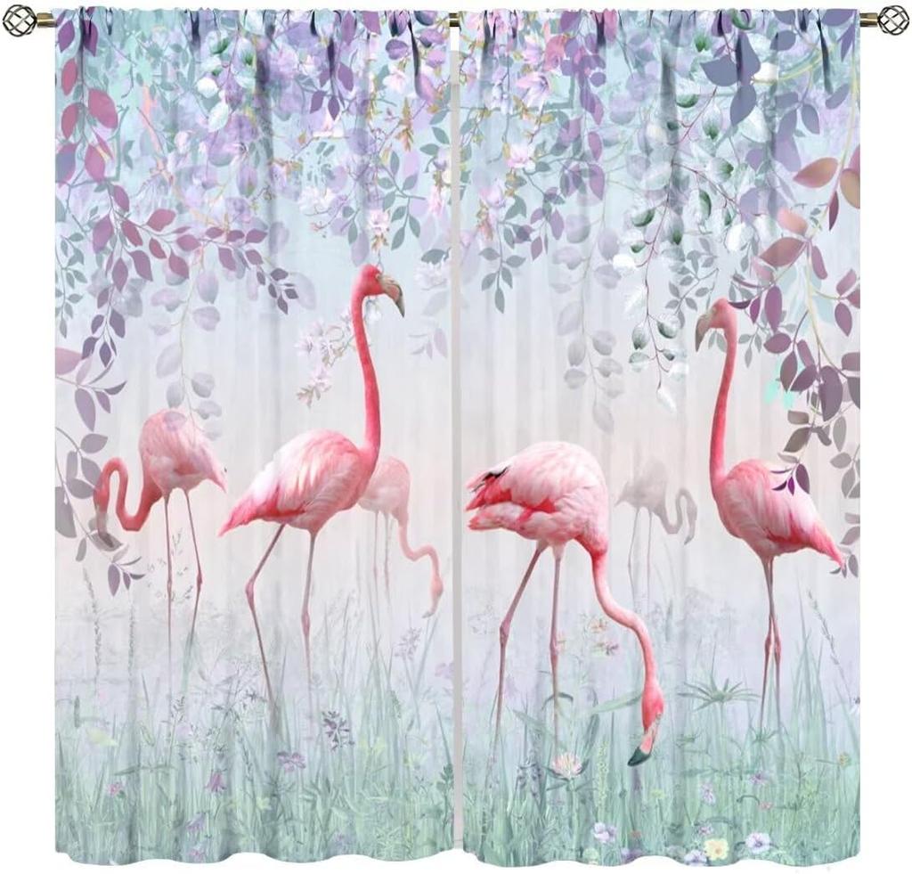 Flamingo Curtains,Tropical Plants Flower Print Window Treatments for Bedroom Living Room Jungle Animal Birds Drapes 2 Panel Set