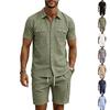 Men's Summer Linen Short Sleeve Shirt and Cargo Shorts Set Casual Lightweight Breathable Multi Pocket Two Piece Outfit