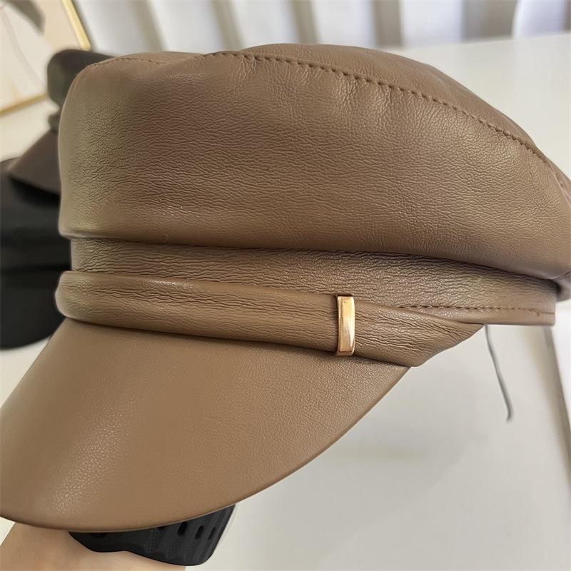 New Retro PU Leather Octagonal Hat Children's Spring and Autumn Literary Temperament Versatile Flat Top Face Small Navy Hat